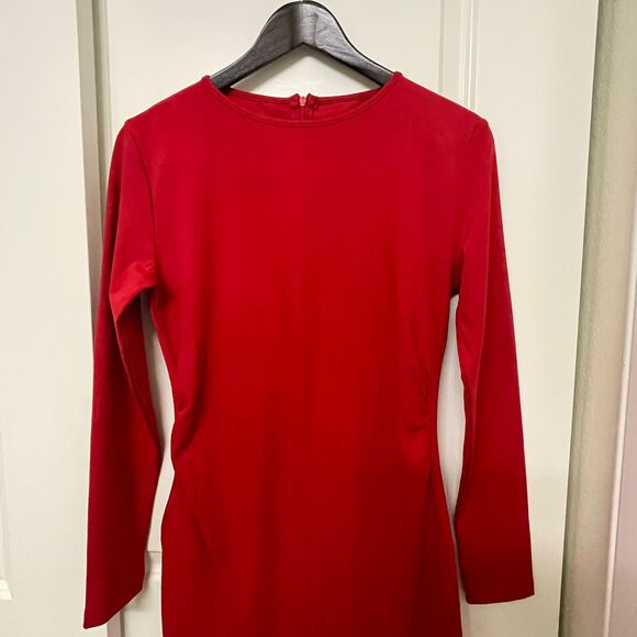 Women’s Red Long Sleeve Midi Sheath Dress Stretch Slim Comfy Size L - Picture 8 of 14